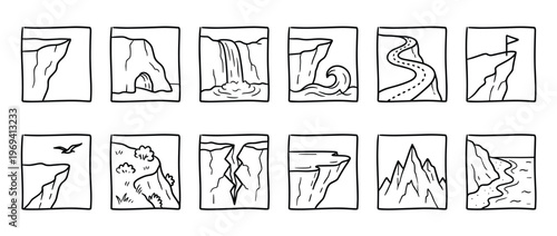 Various hand-drawn nature landscape icons in black and white, depicting cliffs, mountains, waterfalls, and beaches