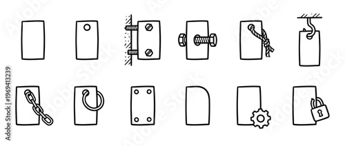 Collection of hand-drawn rectangular tags and labels with various attachments and features, rendered in a simple black outline style