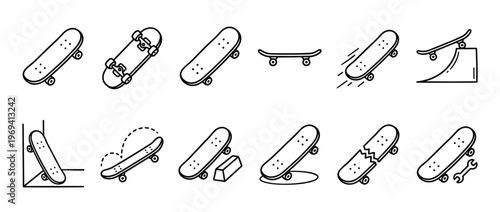 Collection of various simple line art skateboard icons depicting different actions and states, presented in a clean, minimalist style
