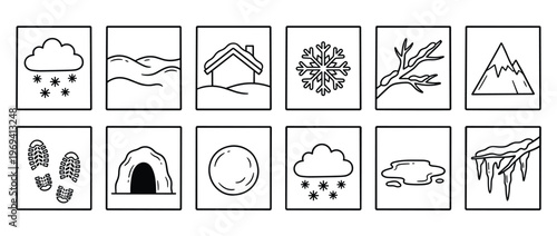 Collection of twelve simple black and white outline icons representing various winter weather conditions and elements