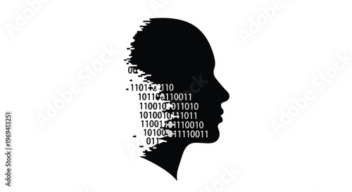 Silhouette of a human head dissolving into digital binary code on a white background, representing artificial intelligence and data.