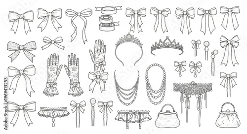 Collection of Elegant Hand-Drawn Accessories and Embellishments.