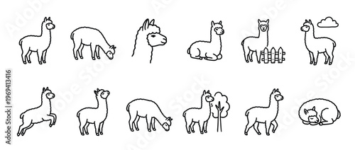 Collection of various black outline alpaca illustrations in different poses and activities, rendered in a simple cartoon style