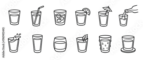 Collection of twelve simple black outline illustrations depicting various drinking glasses with different contents and garnishes