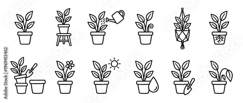 Collection of black outline potted plant icons depicting various stages of growth and care, presented in a clean, illustrative style