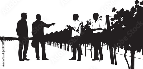 Farmers Discussing Harvest in Vineyard Silhouette Vector Illustration