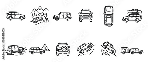 Collection of black outline drawings depicting various sport utility vehicles in different outdoor scenarios