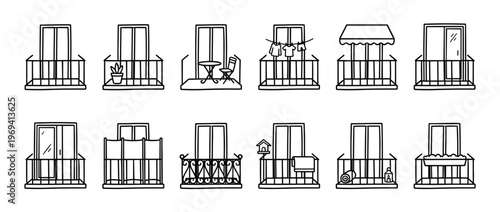 Collection of twelve diverse balcony illustrations, featuring various styles and details, presented in a clean black and white line art drawing