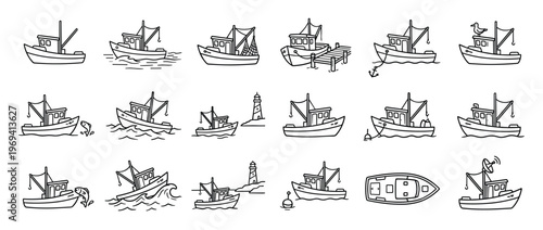 Collection of various hand-drawn fishing boats and marine elements in a simple black and white line art style