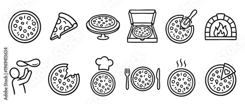 Collection of black outline pizza icons showing various pizza-related objects and activities in a simple, graphic style