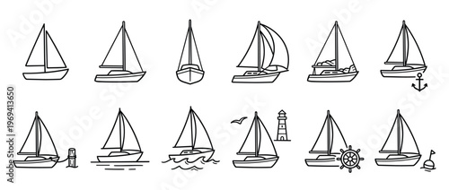 Collection of simple black outline sailboat icons with various nautical elements, presented in a clean, graphic style