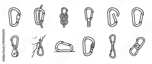 Collection of black outline carabiner icons illustrating various climbing and safety equipment uses in a simple graphic style