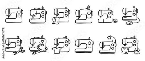 Collection of twelve black outline sewing machine icons illustrating various aspects of tailoring and textile work