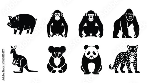 A collection of various animal silhouettes including a pig monkeys kangaroo koala panda and jaguar silhouette high quality professional detailed modern