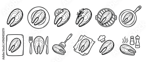 Various hand-drawn salmon steak icons in black and white outline style, depicting cooking and serving preparations