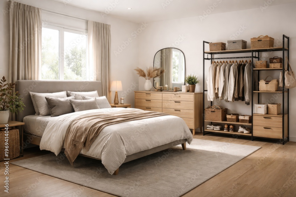 Fototapeta premium Modern bedroom interior featuring a bed dresser and clothing rack with functional storage solutions