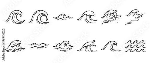 Collection of hand-drawn black outline ocean waves in various shapes and sizes, depicting water movement and surf