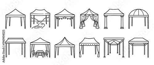 Collection of various hand-drawn outdoor tents and canopies in a simple black and white line art style