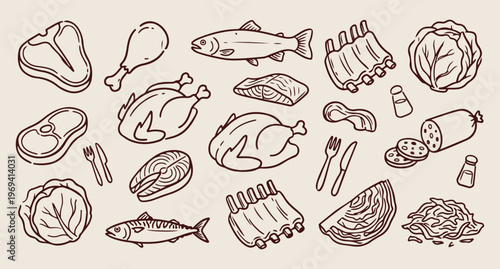Roasted chicken and meat, grilled food line art, BBQ chicken vector, cooked poultry pattern, dinner menu illustration, protein food background, hand drawn meat icons
