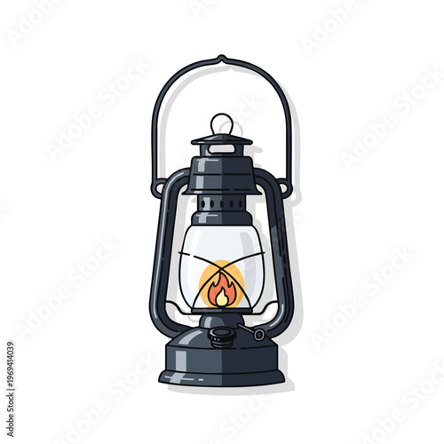 A vintage-style kerosene lantern with a visible flame and a handle