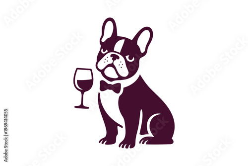 Black and white french bulldog with a wine glass and bowtie sitting
