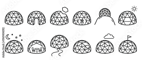 Collection of simple line art geodesic dome icons showing various uses and settings, presented in a clean, graphic style