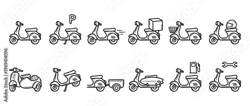 Collection of hand-drawn scooter icons in various configurations, including delivery, parking, and repair, presented in a clean, illustrative style