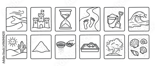 Collection of twelve black and white line art icons depicting various sand-related concepts and objects, presented in a clean, illustrative style