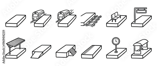 Collection of hand-drawn black and white line art icons depicting various elements of a train station platform