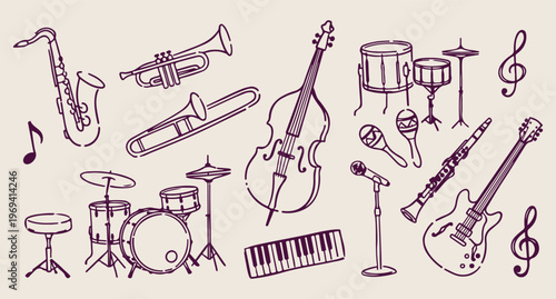 Musical instruments line art, jazz music background, orchestral equipment icons, trumpet and cello drawing, drum set vector pattern, acoustic music wallpaper, hand drawn musical tools
