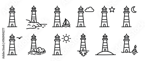 Collection of simple black outline lighthouse icons depicting various weather conditions and nautical elements