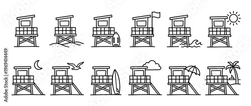 Collection of twelve black outline lifeguard tower icons, each depicting different beach elements and weather conditions