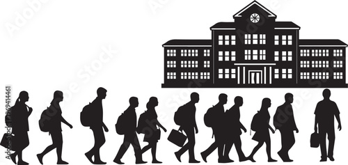 Students Walking to School Building Silhouette Vector Illustration Set