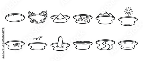 Collection of twelve distinct hand-drawn puddle illustrations, each featuring a unique element or scene, rendered in a simple black and white outline style