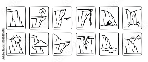 Collection of twelve simple black and white line art icons depicting various cliff and mountain landscapes