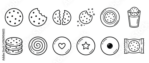 Collection of black outline cookie icons in various forms, including whole, bitten, broken, and stacked