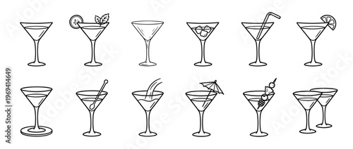 Collection of hand-drawn outline martini glasses and cocktail cups with various garnishes, presented in a simple, clean style