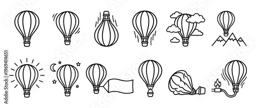 Collection of black outline hot air balloon icons in various states and settings, presented in a clean, graphic style