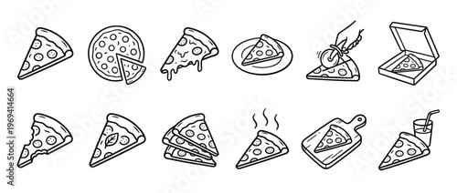 Collection of black and white line art pizza slices and whole pizzas in various forms and arrangements