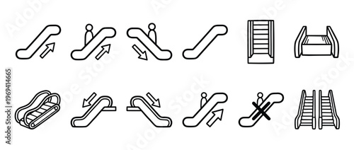 Collection of black outline escalator and moving walkway icons with arrows indicating direction and usage, presented in a clean, graphic style