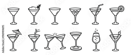 Collection of various outline cocktail glasses with different drinks and garnishes, presented in a clean, minimalist style