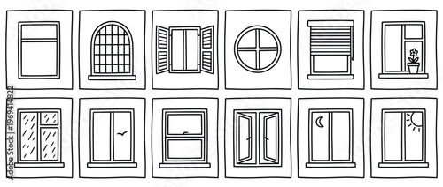 Collection of twelve simple hand-drawn window illustrations in various styles and conditions, presented as a grid
