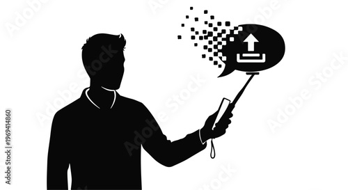 Man silhouetted taking selfie with upload icon dissolving into pixels