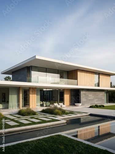 Contemporary home with reflecting pool and minimalist garden design