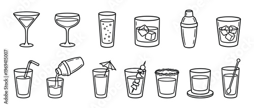 Collection of various outline style cocktail glasses and bar tools, including shakers and drink accessories