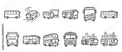 Collection of various hand-drawn bus illustrations in black outline, depicting different types and perspectives of public transport vehicles