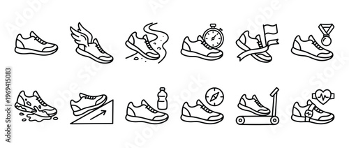 Collection of black outline running shoe icons depicting various aspects of sports, fitness, and athletic activities