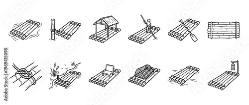 Collection of hand-drawn bamboo raft icons depicting various uses and designs in a simple, clean line art style