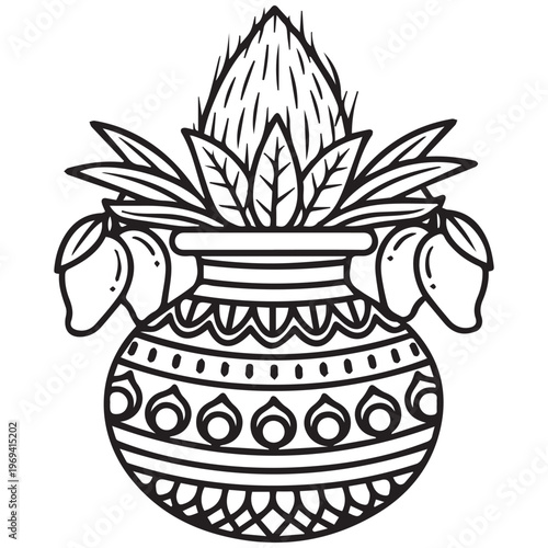 Ugadi festival outline pot with mango coconut leaves and flowers eps 10