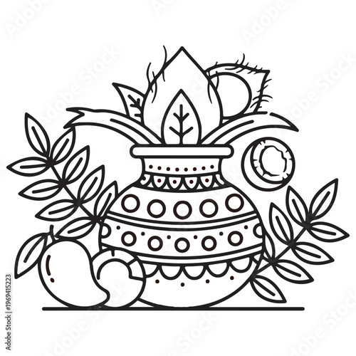 Ugadi festival outline pot with mango coconut leaves and flowers eps 10